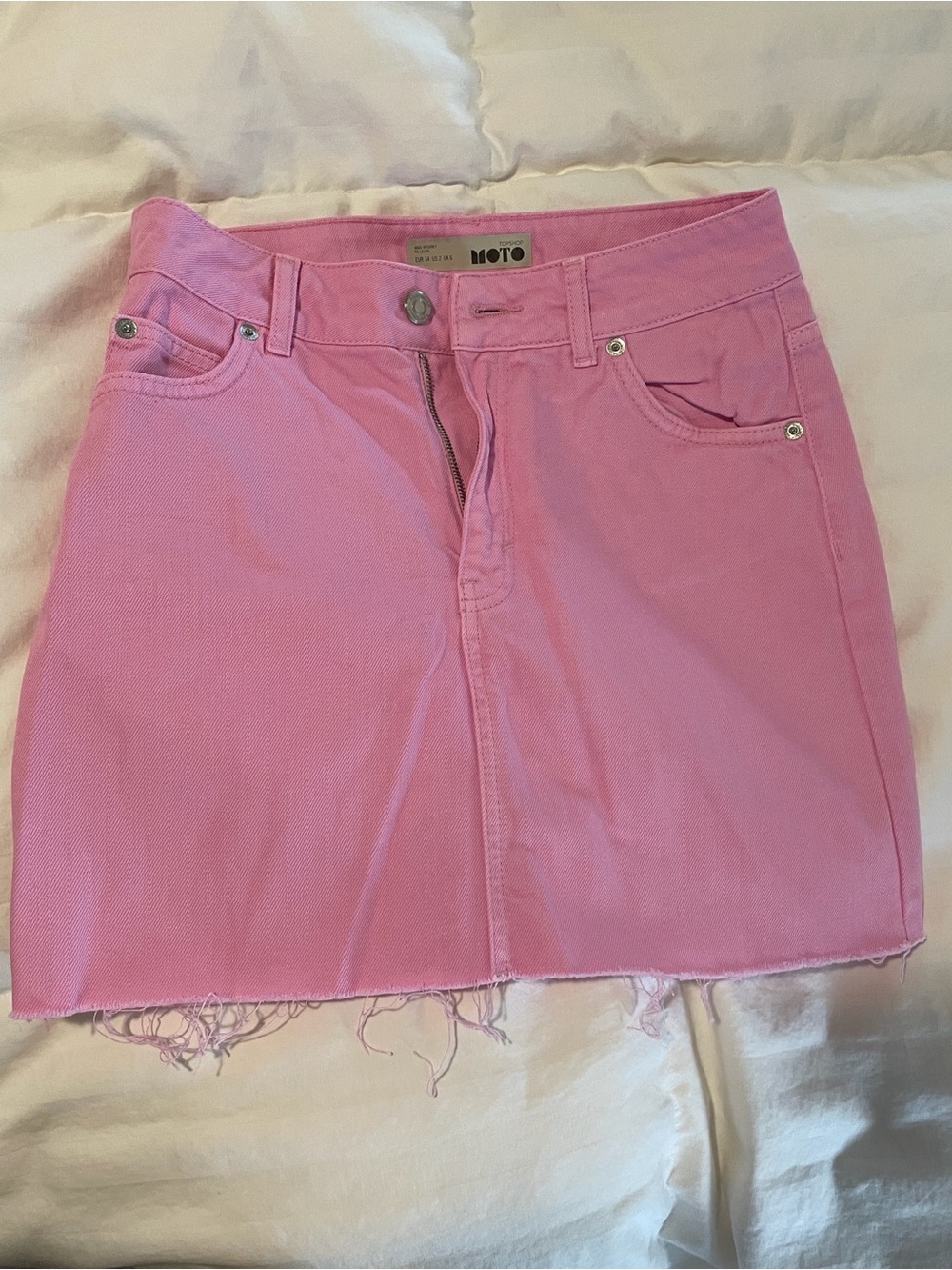 Topshop Moto Denim Mini Skirt in Bubblegum Pink
